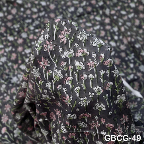 Block-Printed Floral Cotton Fabric, Summer Dress Sewing Material by the Yard, Green, Pink