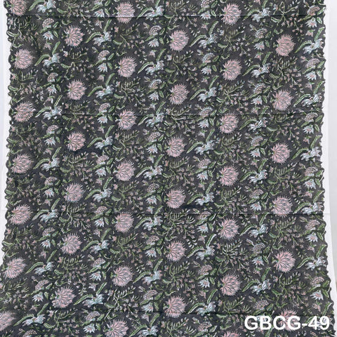 Block-Printed Floral Cotton Fabric, Summer Dress Sewing Material by the Yard, Green, Pink