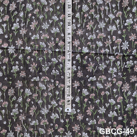 Block-Printed Floral Cotton Fabric, Summer Dress Sewing Material by the Yard, Green, Pink