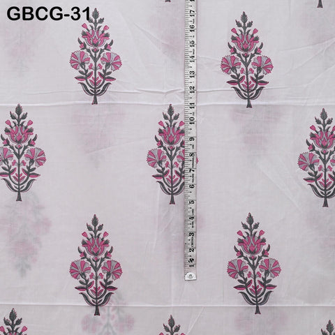Block Printed Floral Cotton Fabric, Summer Dress, Sleepwear Pajamas Sewing Material by the Yard, Pink, Yellow, Grey and white