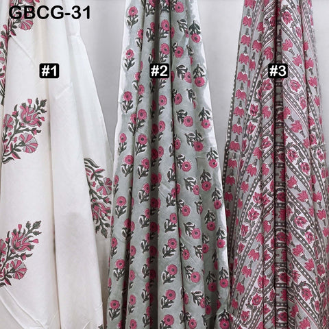 Block Printed Floral Cotton Fabric, Summer Dress, Sleepwear Pajamas Sewing Material by the Yard, Pink, Yellow, Grey and white