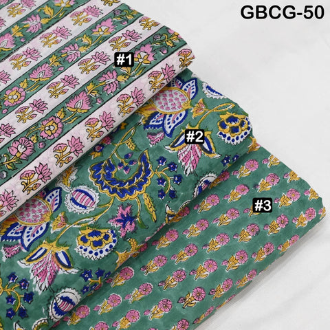 Block-Printed Floral Cotton Fabric, Summer Dress Sewing Material by the Yard, Green, Pink