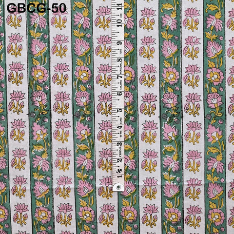 Block-Printed Floral Cotton Fabric, Summer Dress Sewing Material by the Yard, Green, Pink