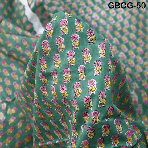 Block-Printed Floral Cotton Fabric, Summer Dress Sewing Material by the Yard, Green, Pink