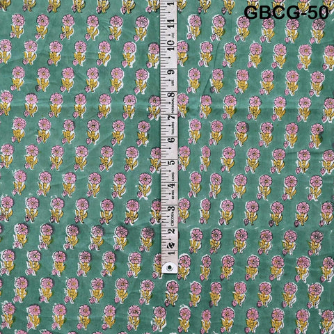 Block-Printed Floral Cotton Fabric, Summer Dress Sewing Material by the Yard, Green, Pink