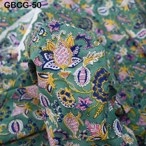 Block-Printed Floral Cotton Fabric, Summer Dress Sewing Material by the Yard, Green, Pink