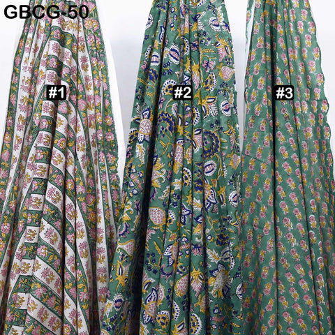 Block-Printed Floral Cotton Fabric, Summer Dress Sewing Material by the Yard, Green, Pink