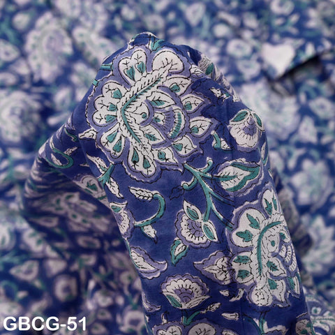 Block Printed Floral Cotton Fabric, Summer Dress, Sleepwear Pajamas Sewing Material by the Yard, Green and white