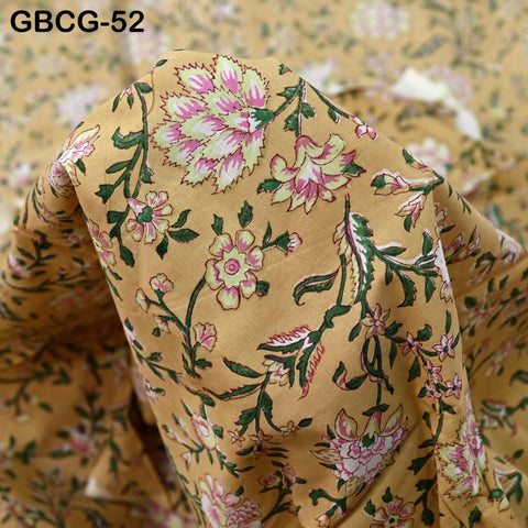 Block-Printed Floral Cotton Fabric, Summer Dress Sewing Material by the Yard, Green, Yellow