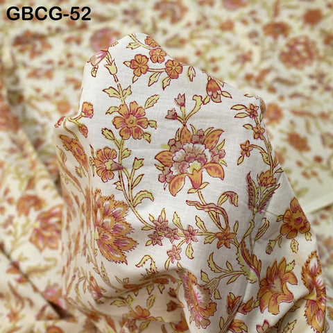 Block-Printed Floral Cotton Fabric, Summer Dress Sewing Material by the Yard, Green, Yellow