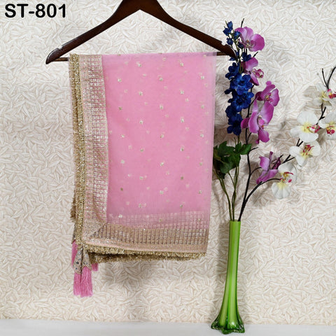 Pink Net Women Dupatta, Indian Bridal Wedding lehenga Chunni, Gold Sequin Veil Tassels Scarf Fabric Dress Craft Costume Doll Making Gift Her