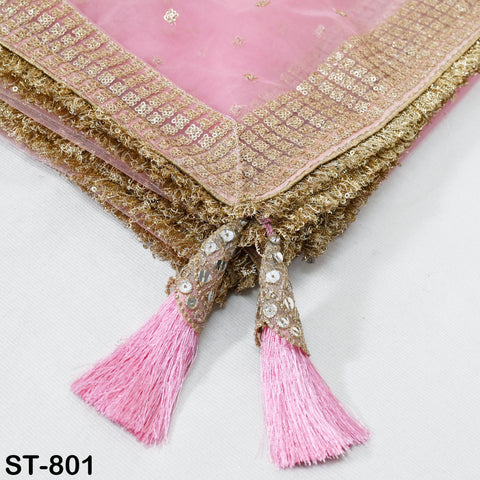 Pink Net Women Dupatta, Indian Bridal Wedding lehenga Chunni, Gold Sequin Veil Tassels Scarf Fabric Dress Craft Costume Doll Making Gift Her