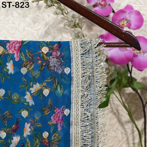 Teal Floral Organza Dupatta | Gold Brocade Border | Indian Printed Wedding Scarf | Party Wear Lightweight Dupatta | Women Ethnic Bridal Veil