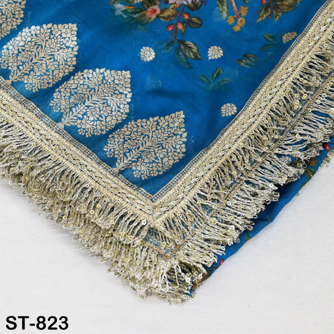 Teal Floral Organza Dupatta | Gold Brocade Border | Indian Printed Wedding Scarf | Party Wear Lightweight Dupatta | Women Ethnic Bridal Veil