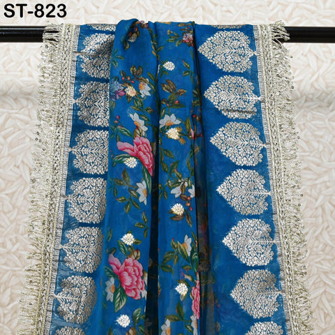 Teal Floral Organza Dupatta | Gold Brocade Border | Indian Printed Wedding Scarf | Party Wear Lightweight Dupatta | Women Ethnic Bridal Veil