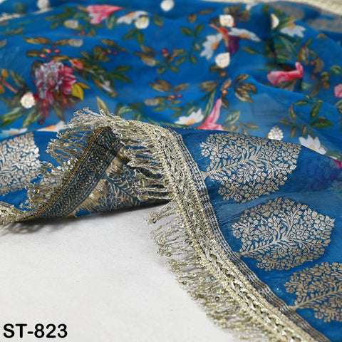 Teal Floral Organza Dupatta | Gold Brocade Border | Indian Printed Wedding Scarf | Party Wear Lightweight Dupatta | Women Ethnic Bridal Veil