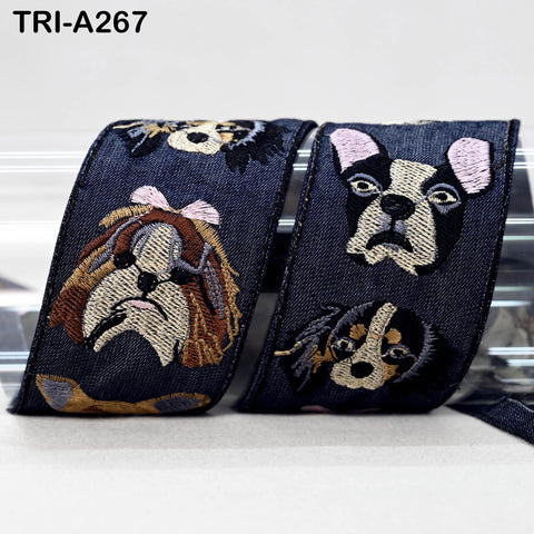 Embroidered Denim Fabric Ribbon Trim with Dog Faces 2 inch - Sewing, Crafts, Decor (9 Yard)