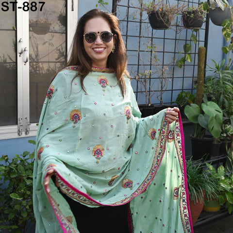 Shipped by Express! Green Embroidered Women Dupatta Chinon Chiffon fabric 2.5 Yard Long Bridal Veil Boho Lehenga Stole for Festival Gift Her