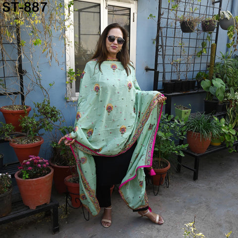 Shipped by Express! Green Embroidered Women Dupatta Chinon Chiffon fabric 2.5 Yard Long Bridal Veil Boho Lehenga Stole for Festival Gift Her