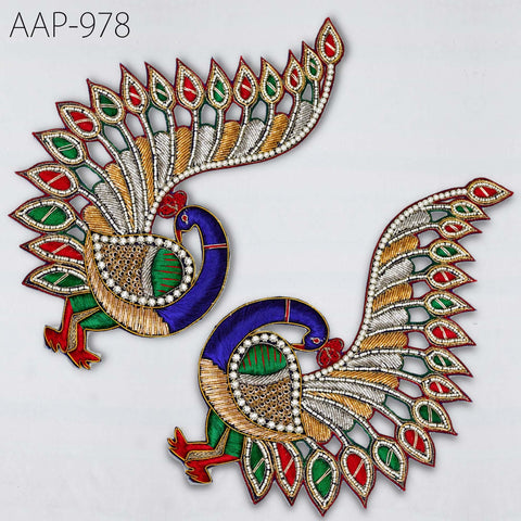 2 Piece Peacock Appliques and Patches 12 inch, Handmade Zardozi Embellishment, Decorative DIY Sewing Crafting Supplies Costume Scrapbooking