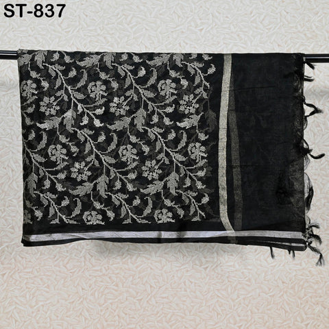 Black Embroidered Organza Dupatta – Sheer Floral Scarf with white Threadwork | Indian Ethnic Dupatta | Party Wear Dupatta Gift for Her