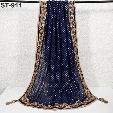 Navy Blue Dupatta Georgette Bridal Wedding Lehenga Heavy Chunni Indian Handcrafted Veil Gota Kinari Sequin Scarf Dresses Gift Her Bridesmaid