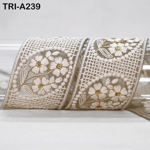 9 Yard Indian Beige Embroidered Net Fabric Trim 6 cm Ribbon Embellishment Cushion DIY Craft Sari Border Wedding Saree Tape Embroidery Dress