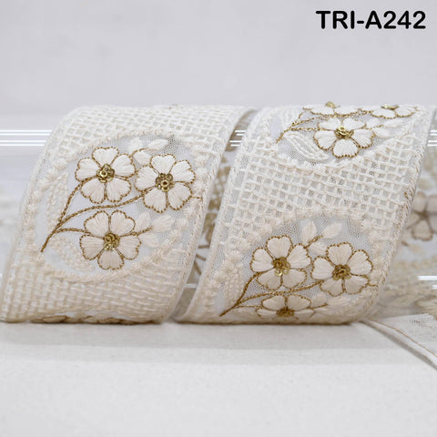 9 Yard Indian Ivory Embroidered Net Fabric Trim 6 cm Ribbon Embellishment Cushion DIY Craft Sari Border Wedding Saree Tape Embroidery Dress