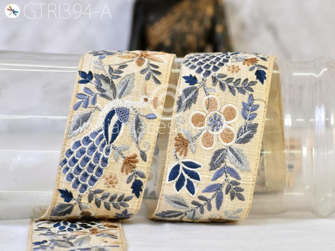 9 Yard Grey Embroidered Peacock Indian Border Crafting Fabric Ribbons Saree Sewing Decorative Trim Embellishment Dress Trimmings