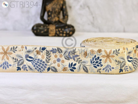 9 Yard Grey Embroidered Peacock Indian Border Crafting Fabric Ribbons Saree Sewing Decorative Trim Embellishment Dress Trimmings