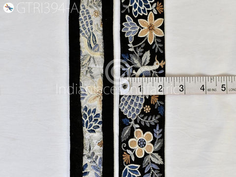 9 Yard Grey Embroidered Peacock Indian Border Crafting Fabric Ribbons Saree Sewing Decorative Trim Embellishment Dress Trimmings