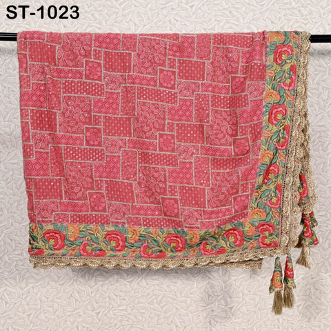 Coral Red Embroidery Dupatta Women Chikankari Georgette Chunni Bridal Veil Lehenga Wrap Stole Festival Wedding Punjabi Dress Chunri 2.5 Yard