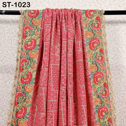 Coral Red Embroidery Dupatta Women Chikankari Georgette Chunni Bridal Veil Lehenga Wrap Stole Festival Wedding Punjabi Dress Chunri 2.5 Yard