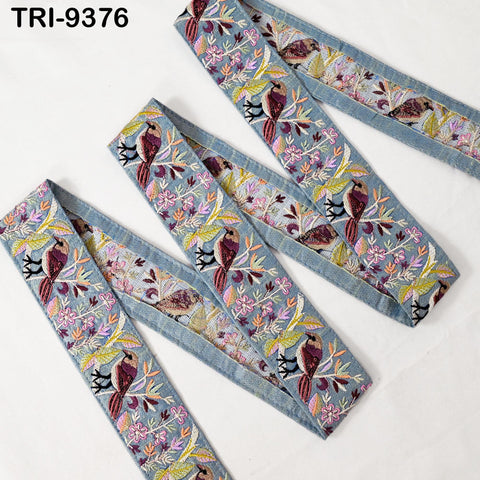 9 Yard Grey Indian Embroidery Ribbon 5cm Trim Sparrow Sari Border Crafting Bags Straps Regency Reticules Victorian Handbags Junk Journals