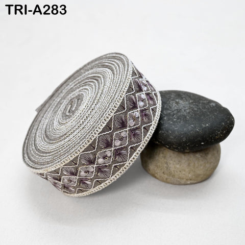 Greyish Mauve Indian Embroidery Ribbon Trim (5cm Wide) – Saree Border Fabric for Crafts