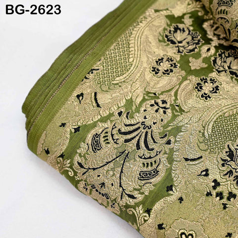 Olive Green Banarasi Brocade Fabric by Yard, Blended Silk Dress Material Sewing Home Décor