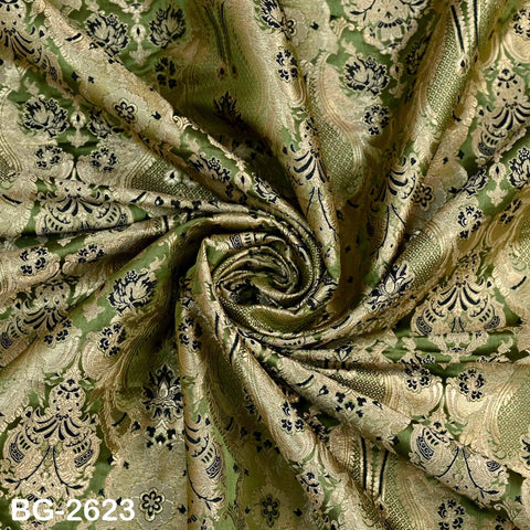 Olive Green Banarasi Brocade Fabric by Yard, Blended Silk Dress Material Sewing Home Décor