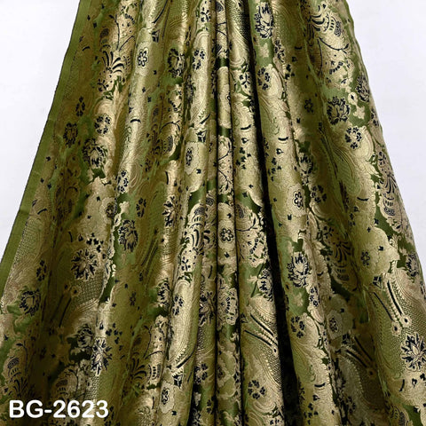 Olive Green Banarasi Brocade Fabric by Yard, Blended Silk Dress Material Sewing Home Décor