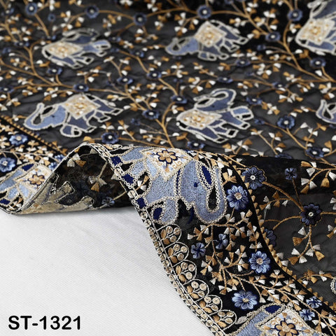 Black Elephant Embroidered Net Dupatta: Sequin Floral Design, Bridal Stole Wrap