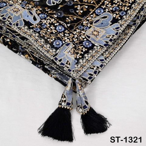 Black Elephant Embroidered Net Dupatta: Sequin Floral Design, Bridal Stole Wrap