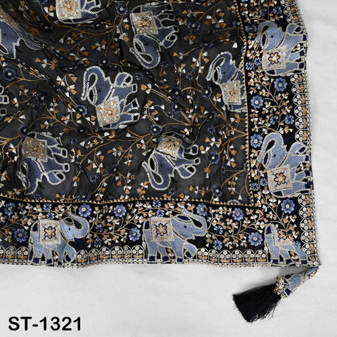 Black Elephant Embroidered Net Dupatta: Sequin Floral Design, Bridal Stole Wrap
