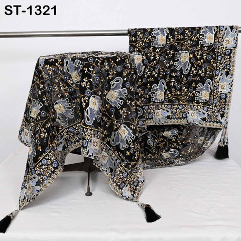 Black Elephant Embroidered Net Dupatta: Sequin Floral Design, Bridal Stole Wrap