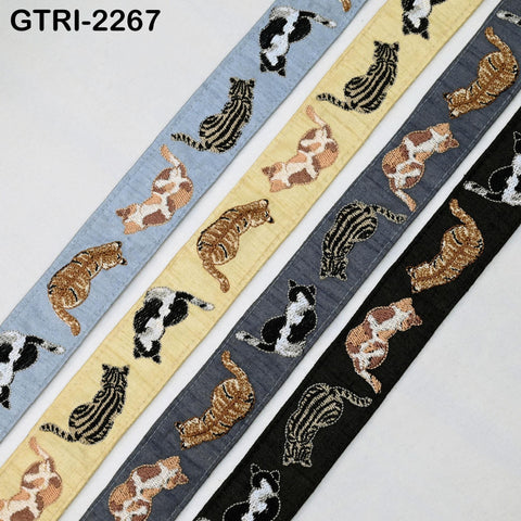 9 Yard Embroidered Cat Trim Ribbon Tapes | Embellishment DIY Sewing Crafting Dog Collars 35mm Embroidered Fabric Sari Border Gift Wrapping