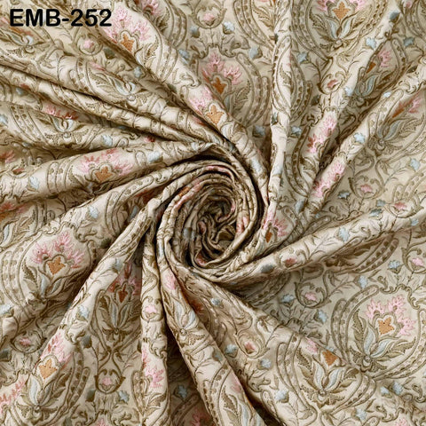 Tan Embroidered Fabric by the yard Sewing DIY Crafting Indian Embroidery Wedding Dress Costumes Bags Cushion Covers Table Runners Blouses
