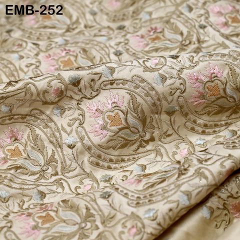 Tan Embroidered Fabric by the yard Sewing DIY Crafting Indian Embroidery Wedding Dress Costumes Bags Cushion Covers Table Runners Blouses