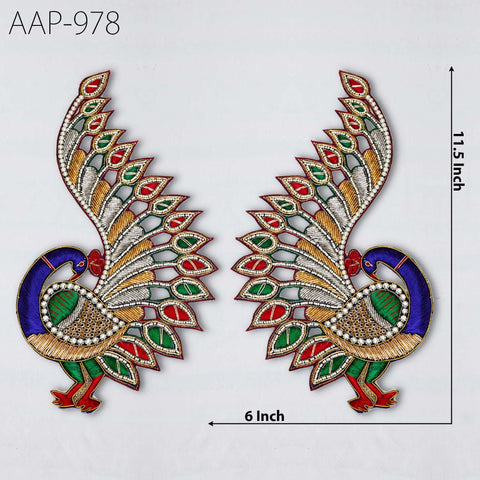 2 Piece Peacock Appliques and Patches 12 inch, Handmade Zardozi Embellishment, Decorative DIY Sewing Crafting Supplies Costume Scrapbooking
