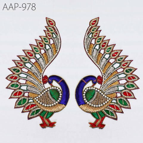 2 Piece Peacock Appliques and Patches 12 inch, Handmade Zardozi Embellishment, Decorative DIY Sewing Crafting Supplies Costume Scrapbooking