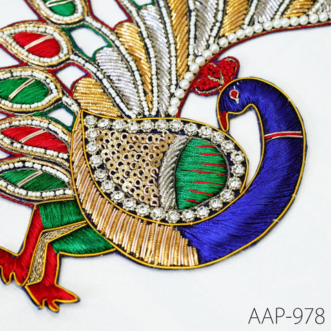 2 Piece Peacock Appliques and Patches 12 inch, Handmade Zardozi Embellishment, Decorative DIY Sewing Crafting Supplies Costume Scrapbooking
