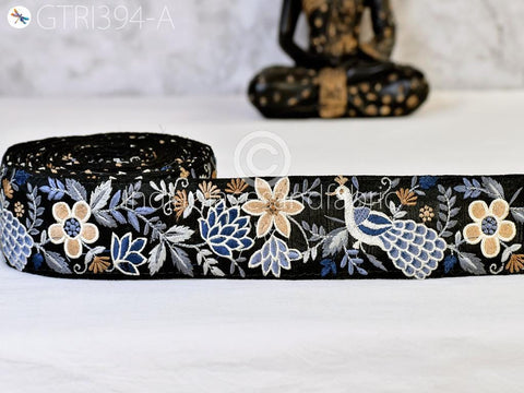 9 Yard Grey Embroidered Peacock Indian Border Crafting Fabric Ribbons Saree Sewing Decorative Trim Embellishment Dress Trimmings