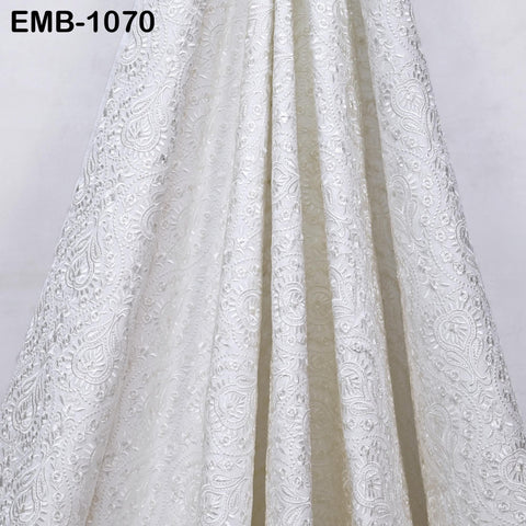 White Indian Embroidery Fabric by the Yard – Viscose Dupioni for Costumes, Crafts